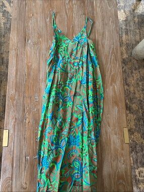 Libby Kat Vibrant Green & Blue Paisley Maxi Slip Dress size small
